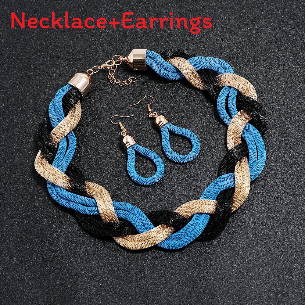 

European Style Necklace And Earrings Jewelry Set With Geometric Design For Women Blue Black Gold