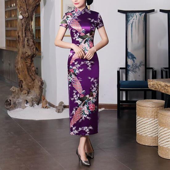 Women Dress Chinese National Style Floral Print Stand Collar Short Sleeves High Side Split Chinese Knot Buttons Cheongsam Satin Silky Slim Fit Summer