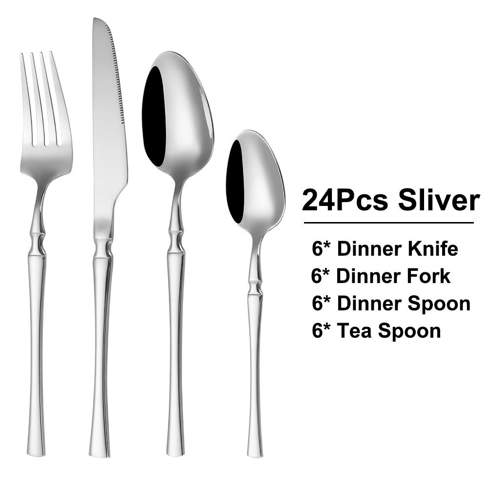 6/24/30Pcs Thin Cutlery Stainless Steel Sliver Tableware Western Dinner Set Solid Color Knife Fork Spoon Mirror Kitchen Utensils