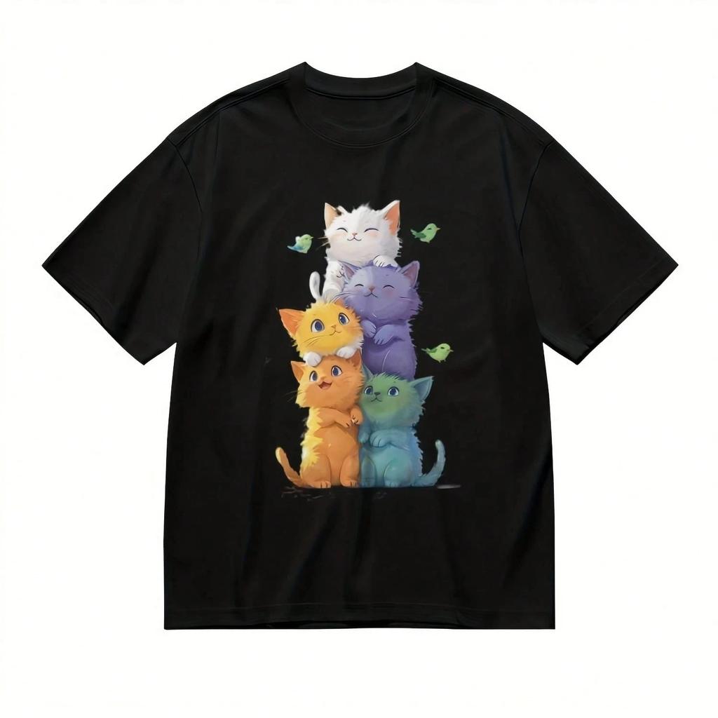 Kitten Tower And Birds Graphic Print Unisex Cotton Crewneck T Shirt Summer Casual