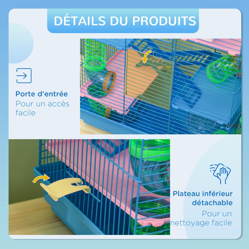 Hamster Cage, 5 Tier Carrier Habitat with Exercise Wheels Tunnel Tube Water Bottle Dishes House Ladder, Gerbil Cage for Dwarf Mice, Blue