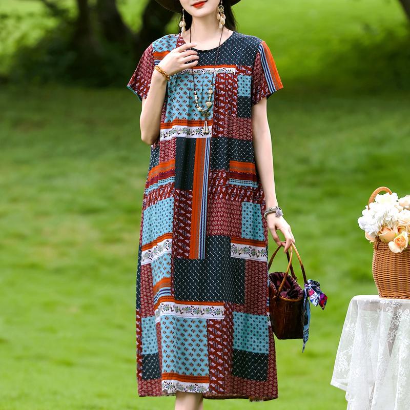 Damen Plus Size Boho-Print Maxikleid, Kurzarm Freizeit-Sonnenkleid (XL-5XL)