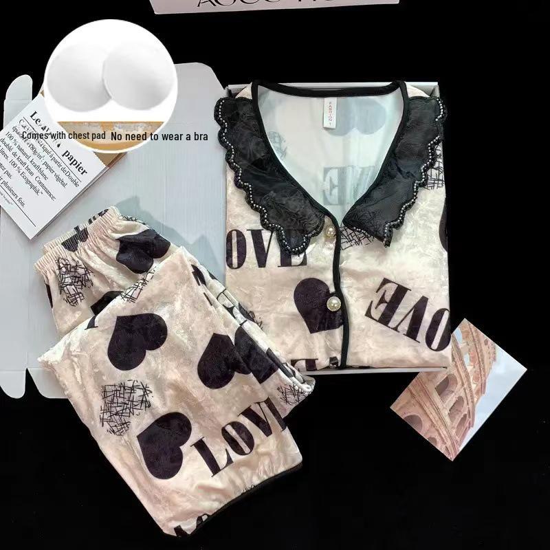 

Женский пижамный комплект из золотого велюра с нагрудными вкладышами - Высококачественный кардиган с длинным рукавом, костюм-двойка для осени/зимы 2024. 4XL for 165-180 jin