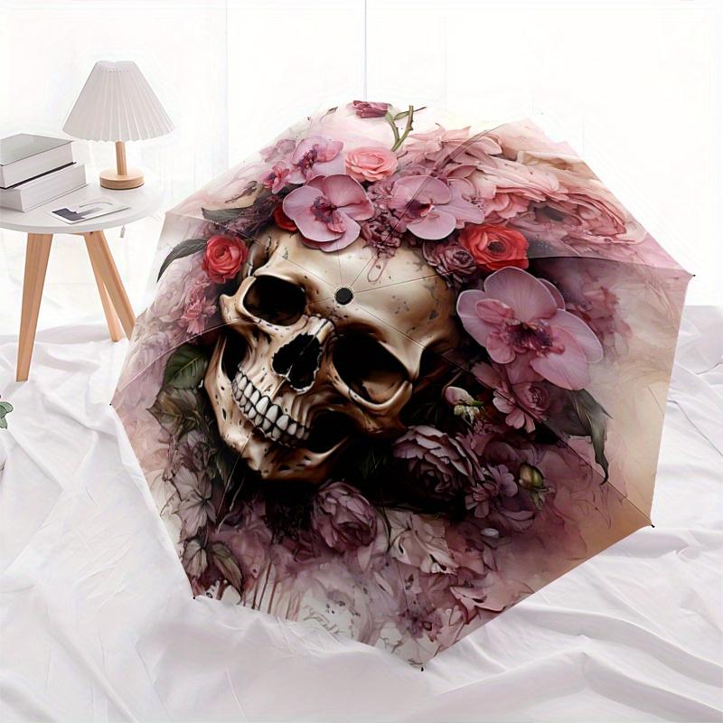

1pc Skull & Blooms Automatic Folding Umbrella - 3 Folding Design, Vivid Cartoon Pattern, Suitable for Outdoor Activities, A Gift for Fans In All Seaso