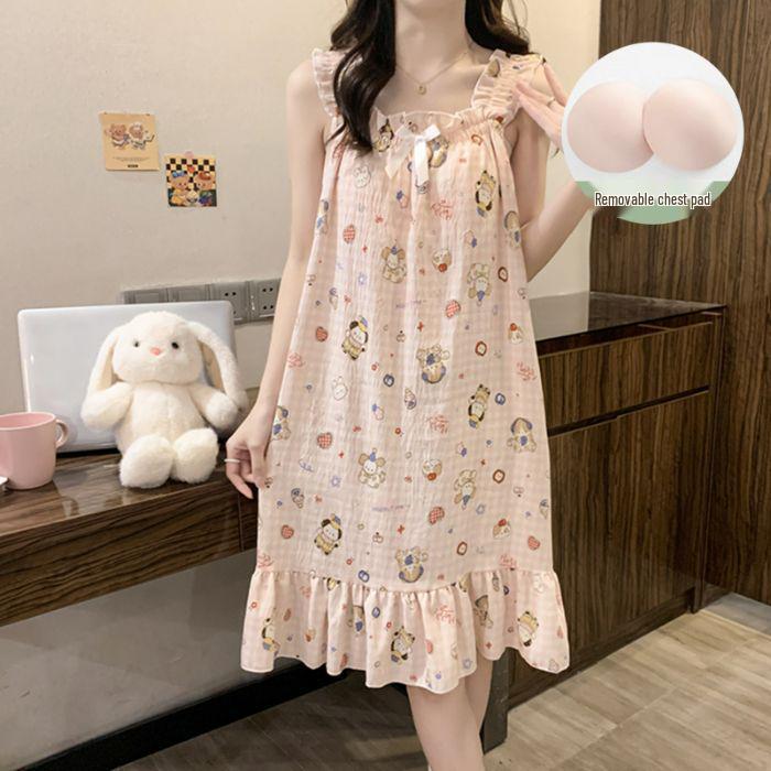 Cloud Cotton Cartoon Pajama Dress with Removable Bra Pads M