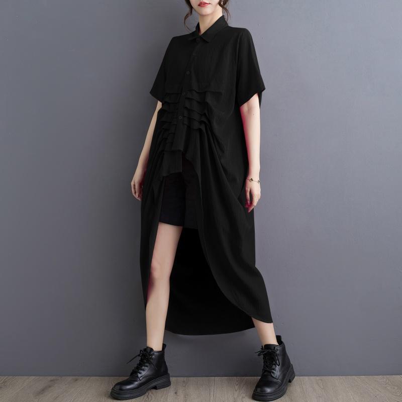 Dimanaf 2025 Women Plus Size Spring Summer Shirt Long Blouse Short Sleeve Buttons Asymmetrical Tops Tees Loose