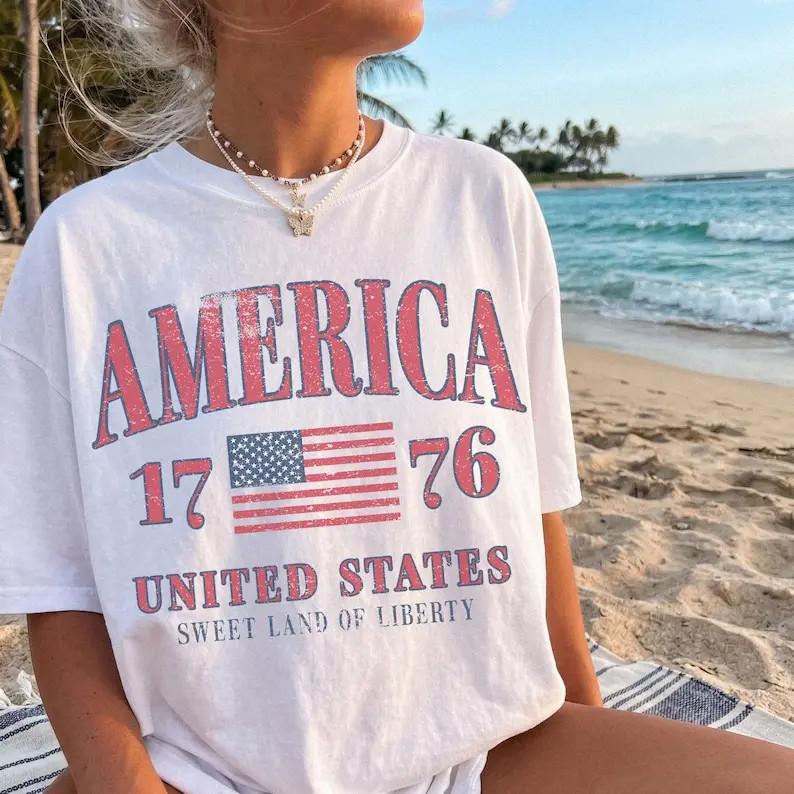 Retro America 4th Of July TShirt Preppy Fourth of July T-Shirt Trendy Oversized S