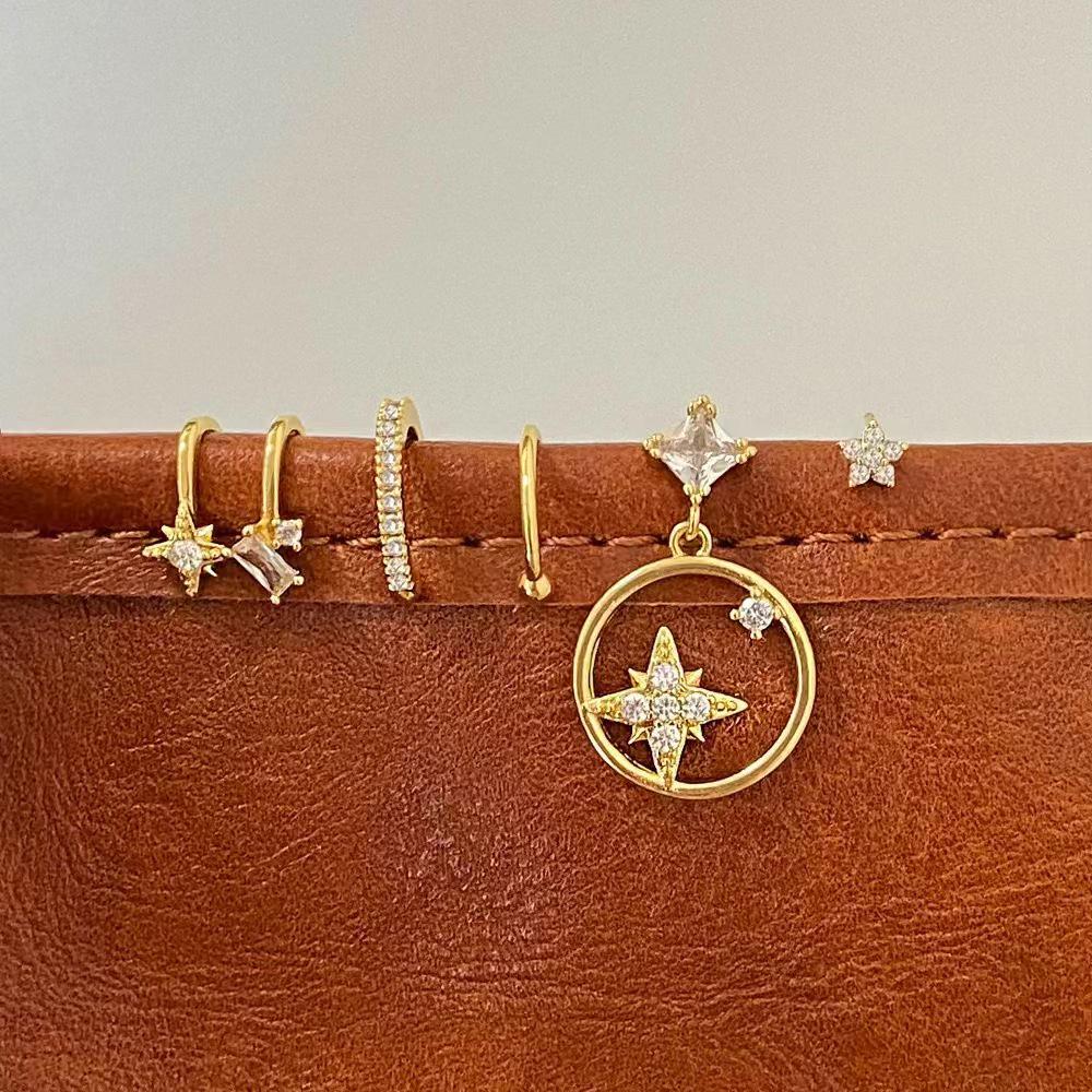 Cross-border Ins-Style Star & Moon Tassel Stud Earring Set – Zircon Six-Pointed Star Fashion Jewelry