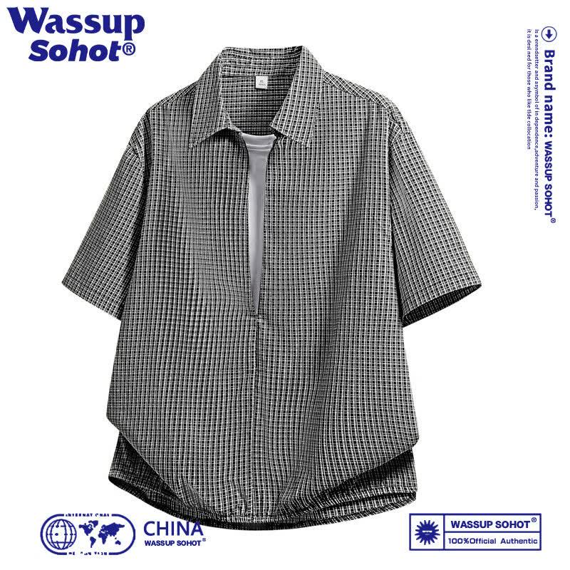 Wassup Sohot Men s Plaid Faux Two-Piece Lapel T-Shirt 3XL