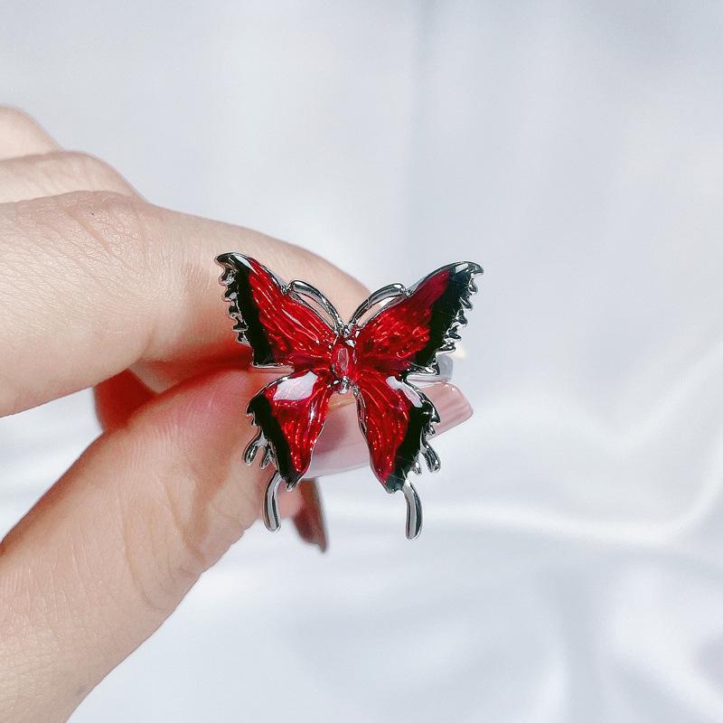 Temperament Niche Exquisite Design Sense Personality Ring Sweet Cool Red Enamel Drip Glaze Butterfly Opening Ring Female