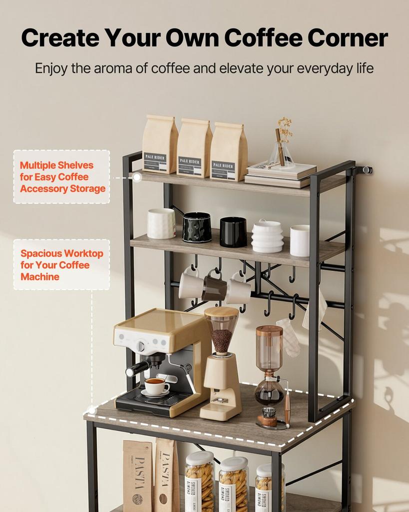 Kitchen Bakers Rack, 600 mm Width Bakers Rack, Kitchen Stand with X-Shaped Support Bar, 12 S-Shaped Hooks, Double-Layer Top Shelf, Coffee Bar Stand