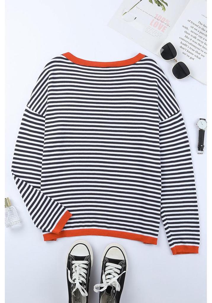 Shi Ying Women's Striped Drop Shoulder Sweater - Contrasting Trim, Loose Fit, Versatile Long Sleeve Knit Pullover.