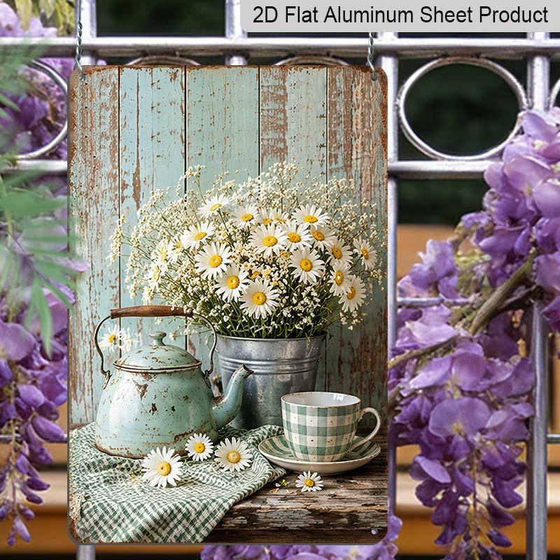 2D Flat Rustic Farmhouse Daisy Teapot Coffee Cup Vintage Metal Sign - 8.0x12.0inch Aluminum Wall Art, Country Kitchen Farmhouse Wall Decor