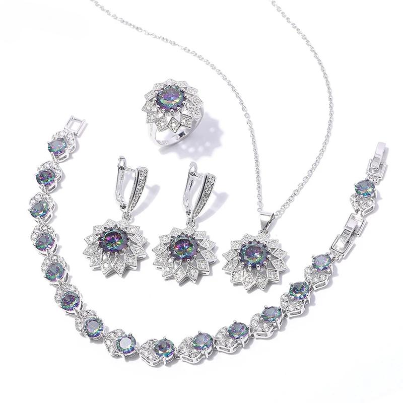 Culori Multiple Rotund Cupru Incrustat Zirconiu Cubic Placat Platină Colier Cercei Inele Brățări Set Bijuterii