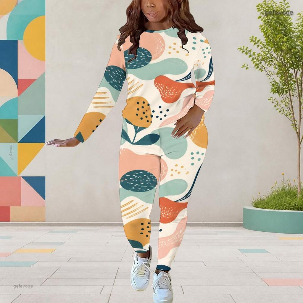 Women Plus Size Colorful Printed Round Neck Long Sleeve Top And Fitted Pants Two Piece Set