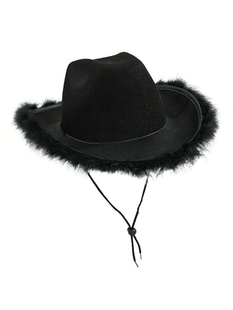 Fluffy Feather Trim Cowboy Hat For Adults Wide Brim Felt Hat With Chin Strap