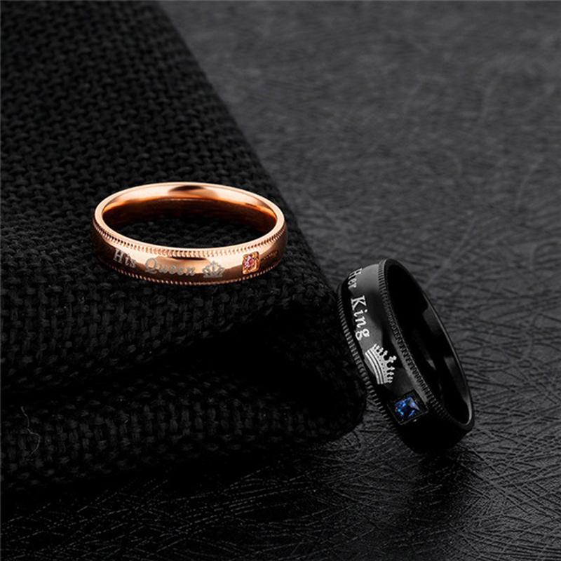 His Queen Her King Rhinestones Studded Crown Stainless Steel Ring For Lovers