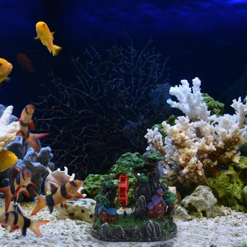 Moving Waterwheel Mountain Resins Aquarium Decoration Natural Underwater Terrain Scenery For Water Life Tanks J0MC