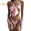 1 Set Women Bra Panties Thigh Ring Set Bow-knot Decor Sleeveless Backless Low-cut Pornographic Romantic Night Nightie Bra Briefs Set Wedding Night