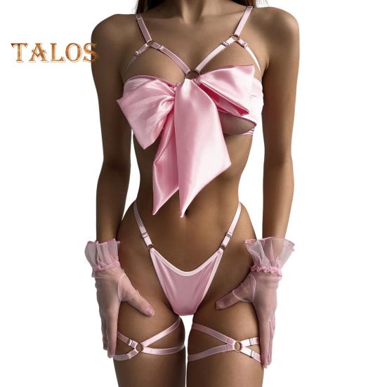 1 Set Women Bra Panties Thigh Ring Set Bow-knot Decor Sleeveless Backless Low-cut Pornographic Romantic Night Nightie Bra Briefs Set Wedding Night