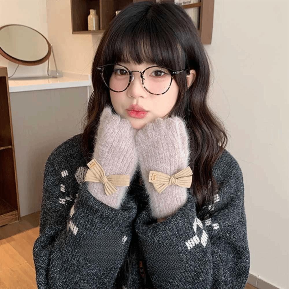 Verdickte Plüschhandschuhe Kaninchenhaar Baumwollfäustlinge Niedliche Vollfingerhandschuhe Frauen