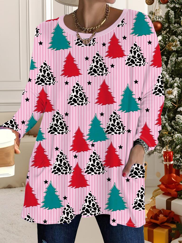 Nuovi Top da Donna Taglie Forti Autunno Inverno 2025, T-shirt Fashion a Manica Lunga Girocollo con Stampa 3D Natalizia