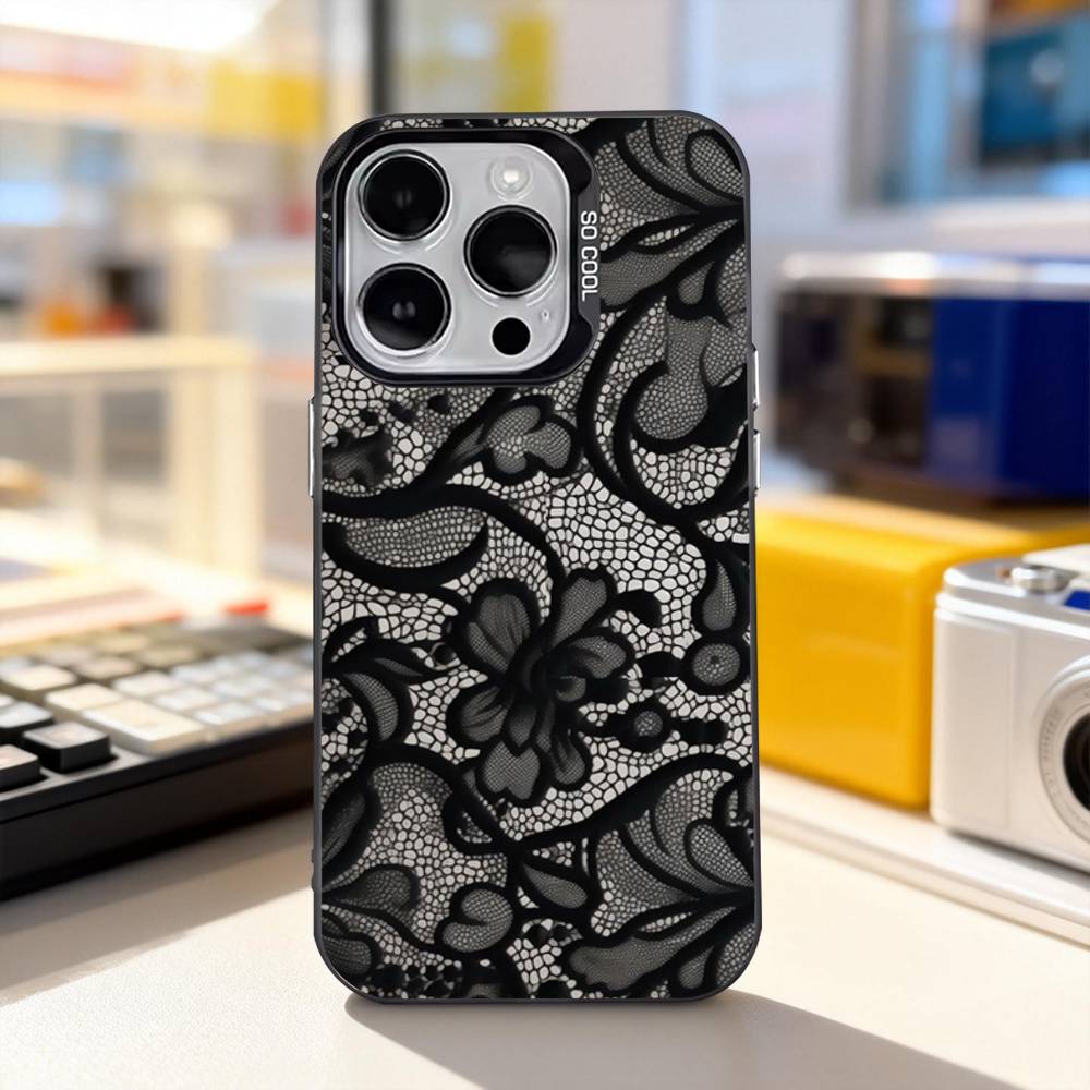 Lace Print Pattern Phone Case For iPhone 17,16,15,14,13,12,11,Pro,XS,Max,Plus,Mini,SE4,E Black Matte Shockproof Cover