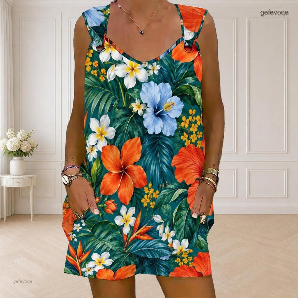 Women Plus Size Sleeveless Ring Strap Floral Printed Tank Top And Pocket Shorts Two Piece Set