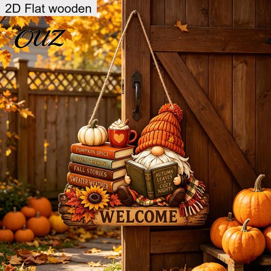 Wall Mounted Wooden Art Fall Thanksgiving Sign Door Hanger, 2D Sunflower Pumpkin Gnome Countryside Style Decor Plaque, Rustic Farmhouse Autumn Hanging