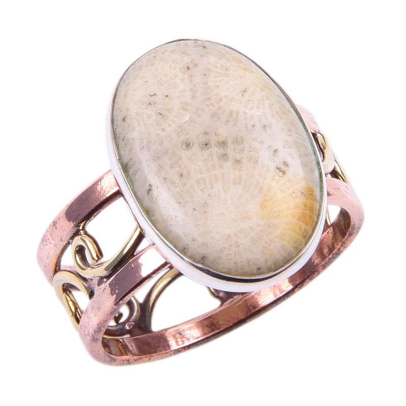 Natural Fossil Coral Gemstone 925 Sterling Silver TwoTone Gift Ring S.10 i0t90