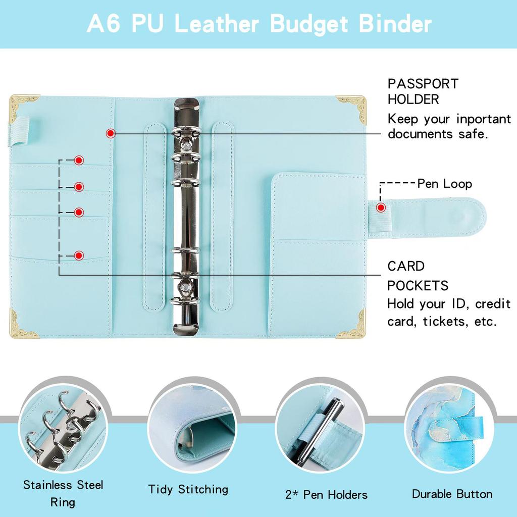 A6 Cash Envelope Budget Binder with UV Printed PU Leather Cover and Zipper Pocket