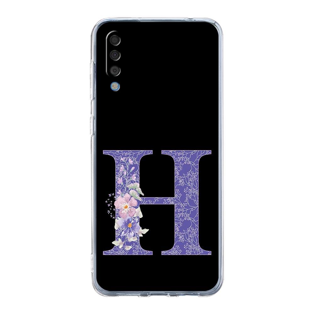 Case For Samsung A56 A36 A26 A16 A14 A12 A22 A32 5G A34 A42 A52 A54 A50 A70 A40 A20E A04S A06 Cover Initial Letter Purple Flower