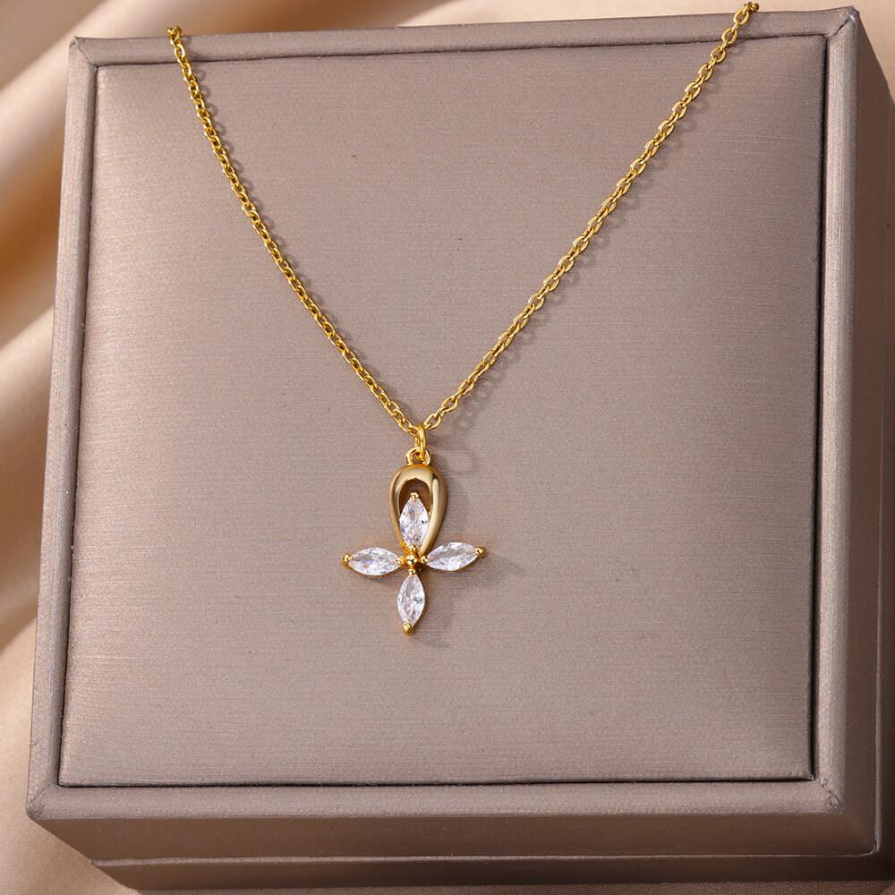 316L Stainless Steel Zircon Jesus Cross Pendant Necklaces For Women Hip Hop Gold Color Cross Necklace Party Jewelry Gift