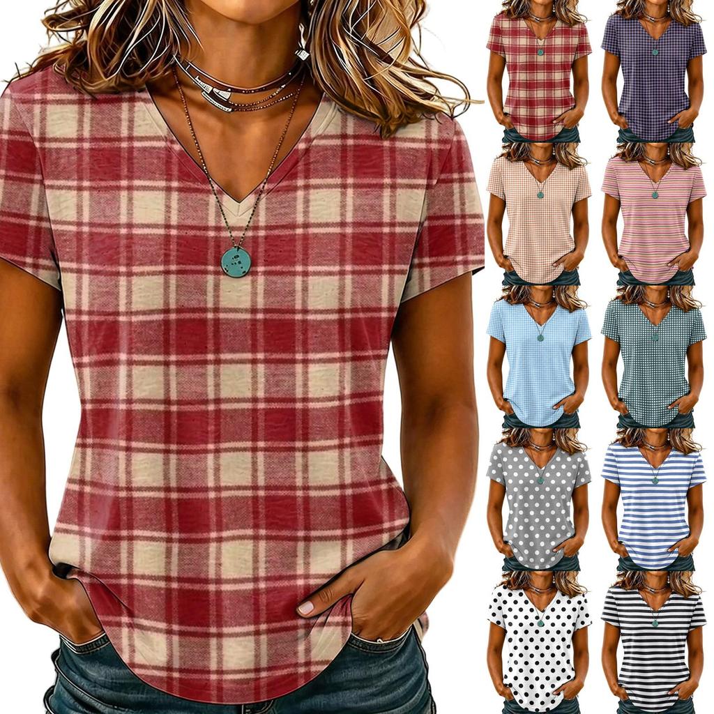 Women Casual V Neck T Shirt Plaid Checkered Printed Short Sleeve Blouse Lightweight Soft Fabric Top for Daily Wear