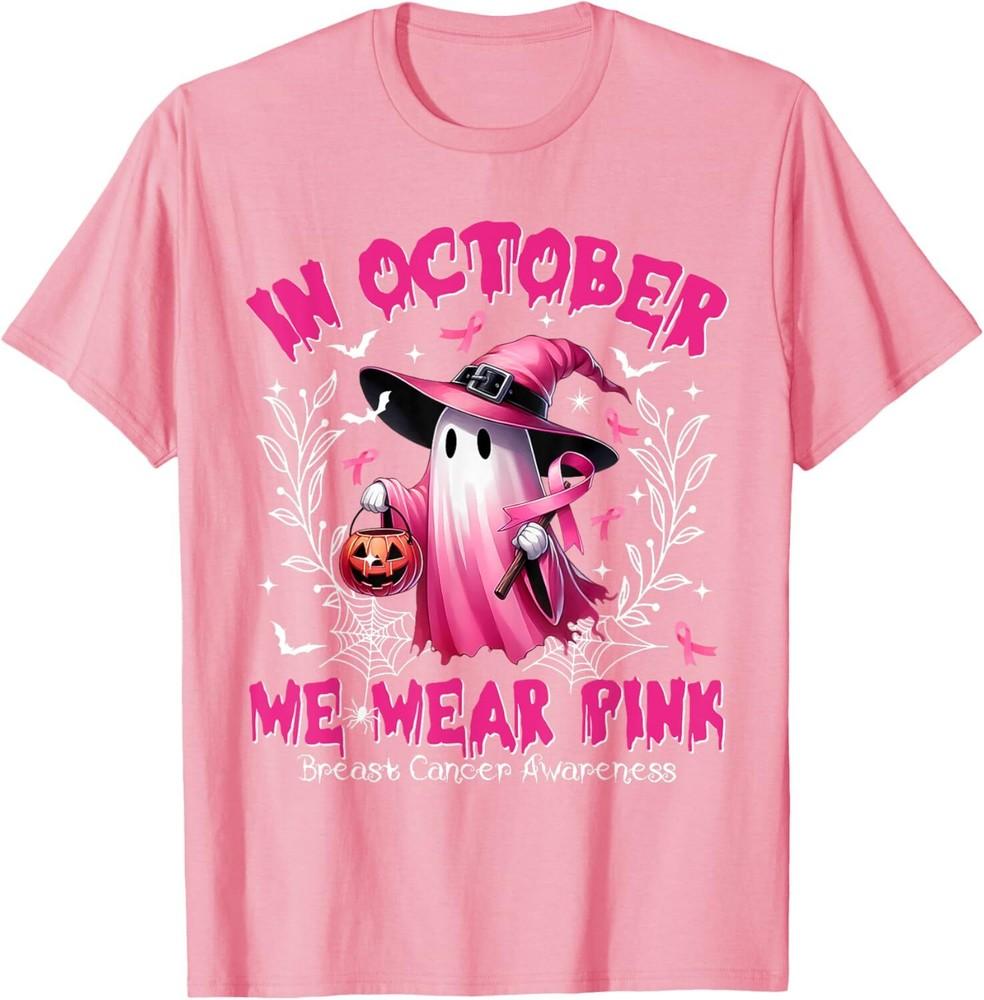 SALE In October We Wear Pink Ghost Witch Breast Cancer Awareness Unisex T-Shirt Unisex T-Shirt S