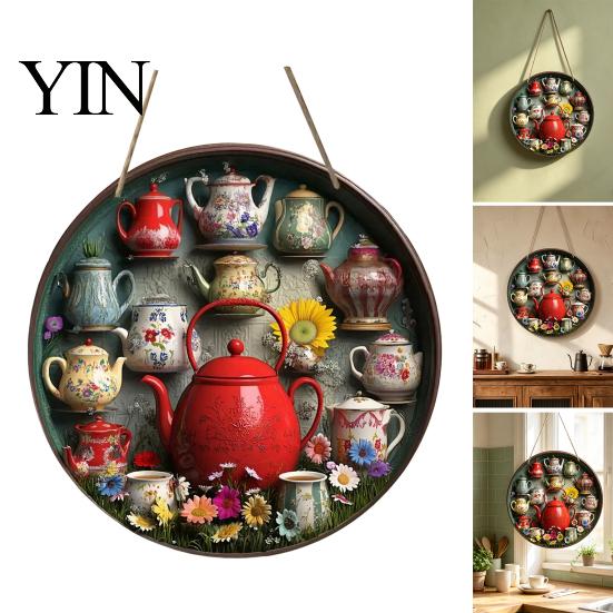 Entryway Wall Ornament Wooden Vintage Teapot Decoration, Farmhouse Rustic Art, Tea Nostalgic Art Pot Theme Sculpture for Kitchen Coffee Corner Sign