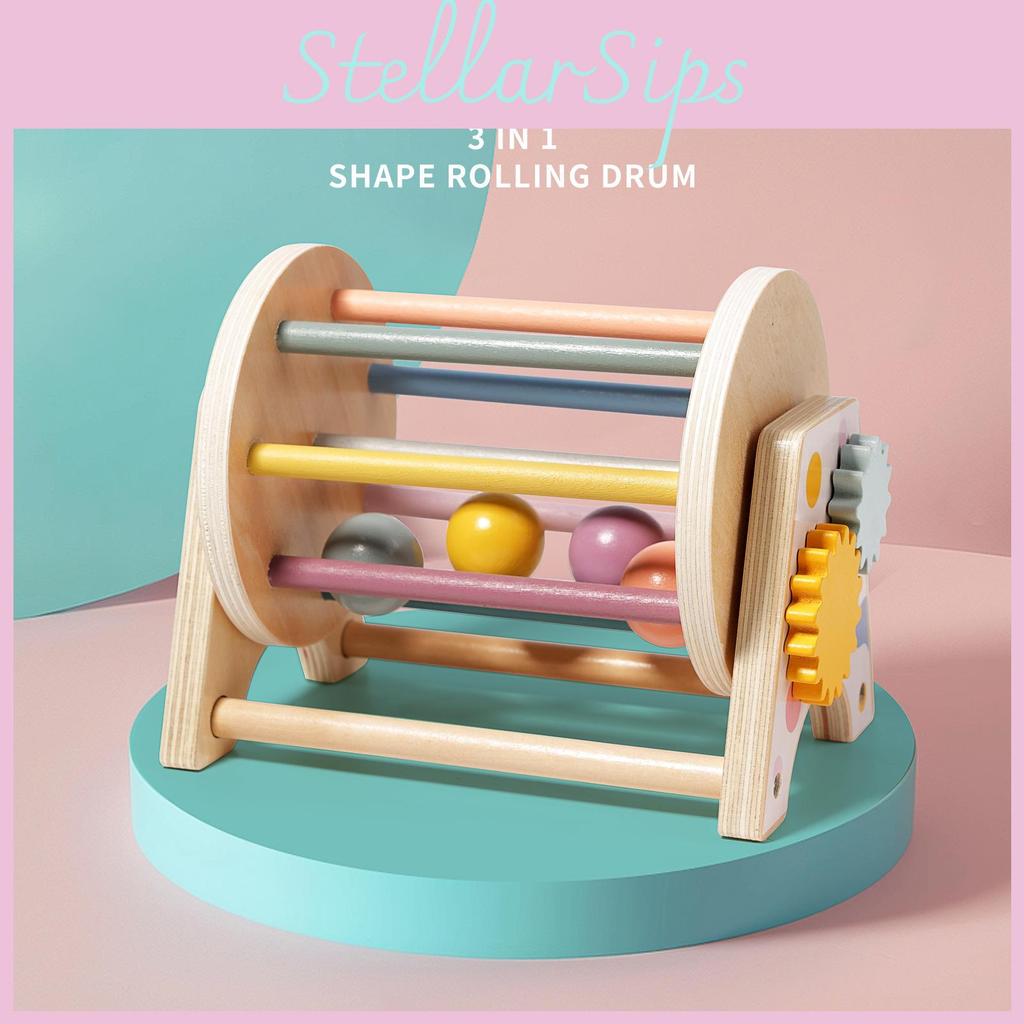 Wooden Montessori Threeinone Desktop Rattling Drum For Toddlers Educational Toy
