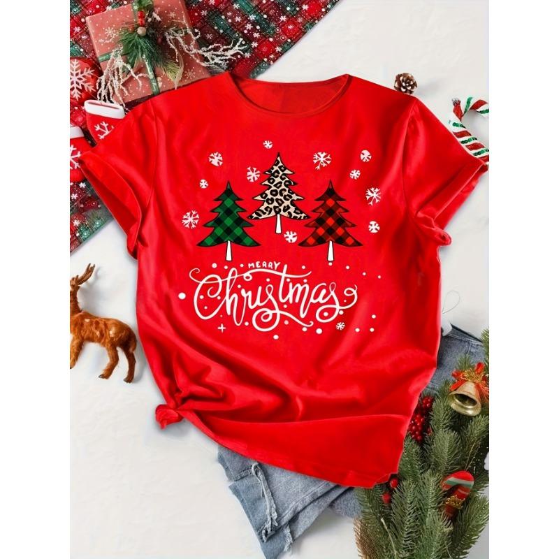 Camiseta Estampa Árvore de Natal Feminina Manga Curta Gola Redonda Top para Verão Roupas Femininas Harajuku Manga Curta Casual