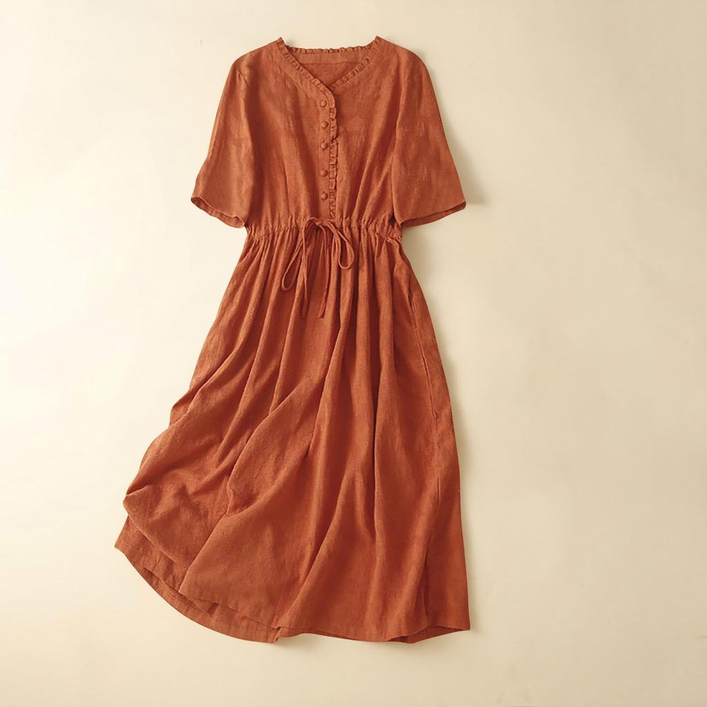 Women's Summer Forest Retro Literary Cotton And Linen Solid Color Dress