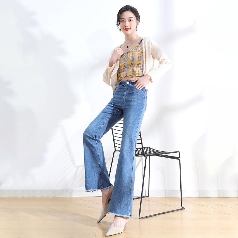 Blaue ausgestellte Jeans für Damen, hohe Taille, elastisch, schmal, Sommer, Retro-Rand, Y2K, lässige Streetwear, Vintage-Hose