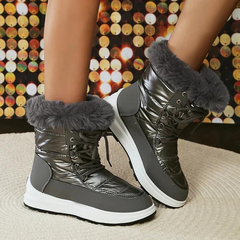 Fashion Women's Faux Fur Ankle Boots Chunky Platform Waterproof Snow Boots Women Silver Thick Plush Warm Winter Boots Shoes Woman 43