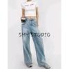 Summer New Women clothes American Frayed Pocket Decoration High Waist Slimming Drape Straight Loose Mop Jeans