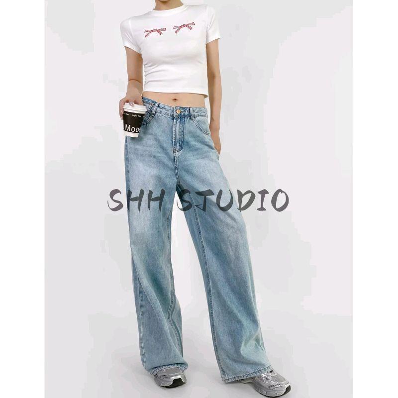 Summer New Women Clothes American Frayed Pocket Decoration High Waist Slimming Drape Straight Loose Mop Jeans