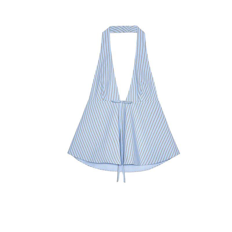

Spring and Summer New Women s Clothing with Lining Bowknot Decoration Hanging Collar Open Back Tops 2935002 2935083 Blue L