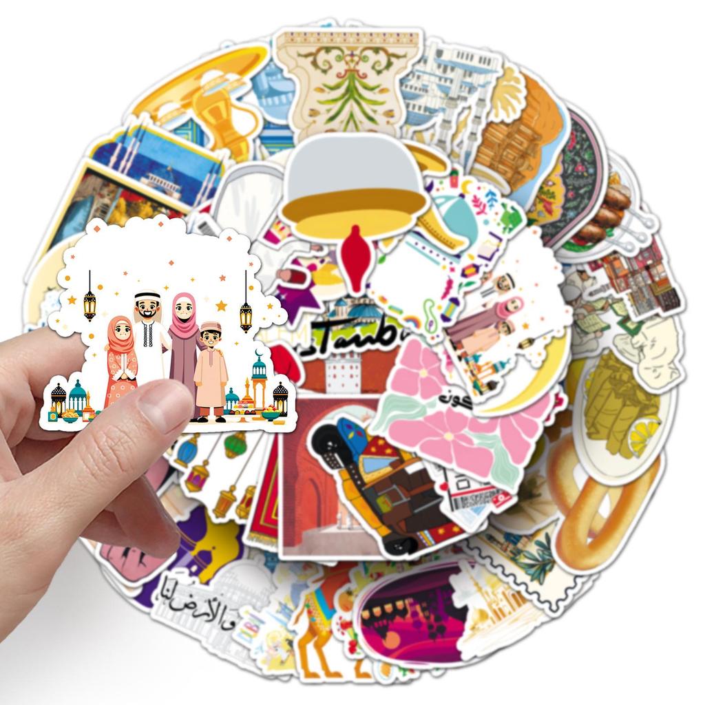 Waterproof Middle Eastern Building Scenery Sticker Set: 50 Exquisite Colorful Designs for Diary and Notebook Decoration