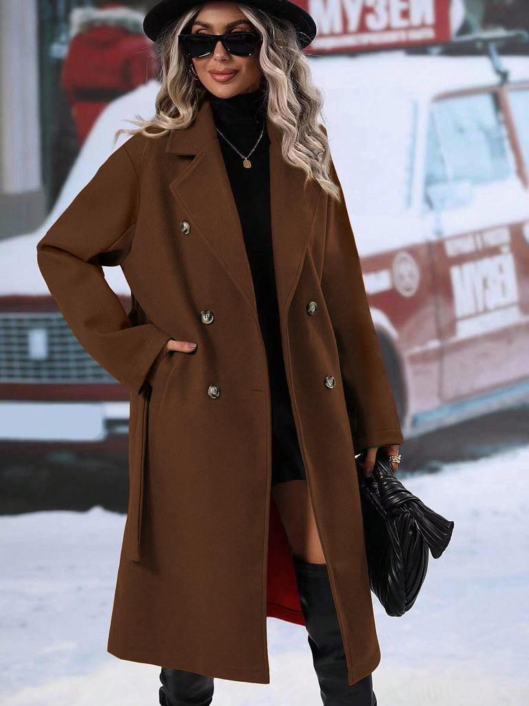 2025 Cross-Border Double-Breasted Solid Color Wool Coat with Lapel - Extra Long for Spring & Autumn