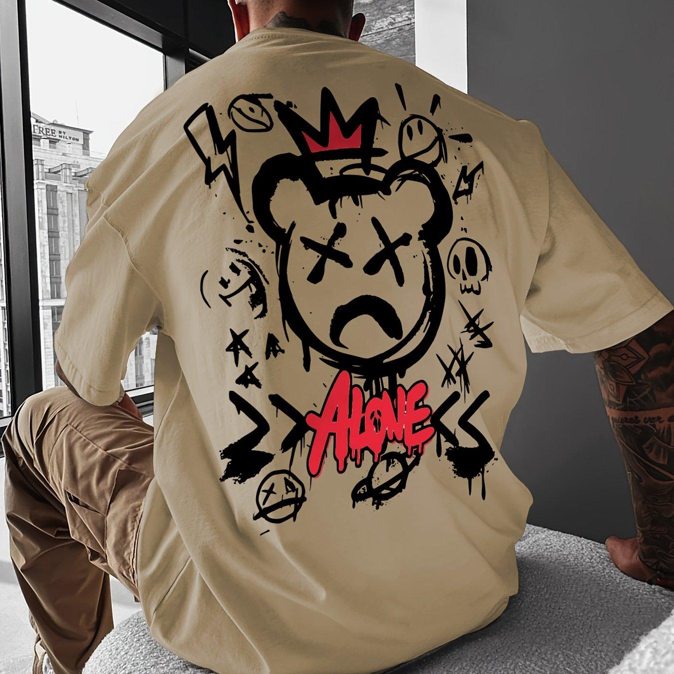 

Одинокий мужской уличный стиль Футболка с рисунком Мультяшный медведь и принт Lonely Свободный крой Круглый вырез Летняя повседневная с коротким рукавом 4XL