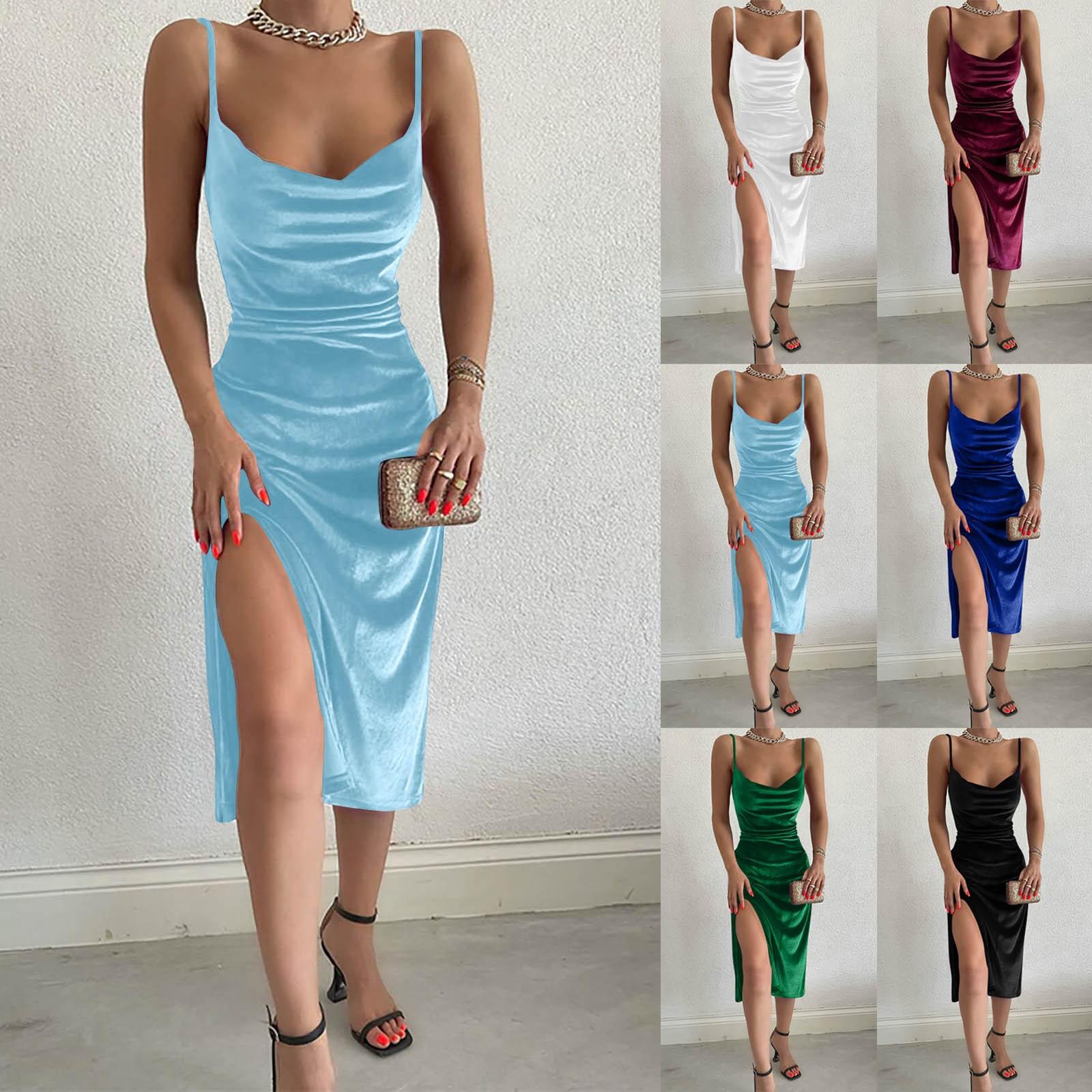 

Женское повседневное модное сексуальное тонкое платье на бретельках с разрезом