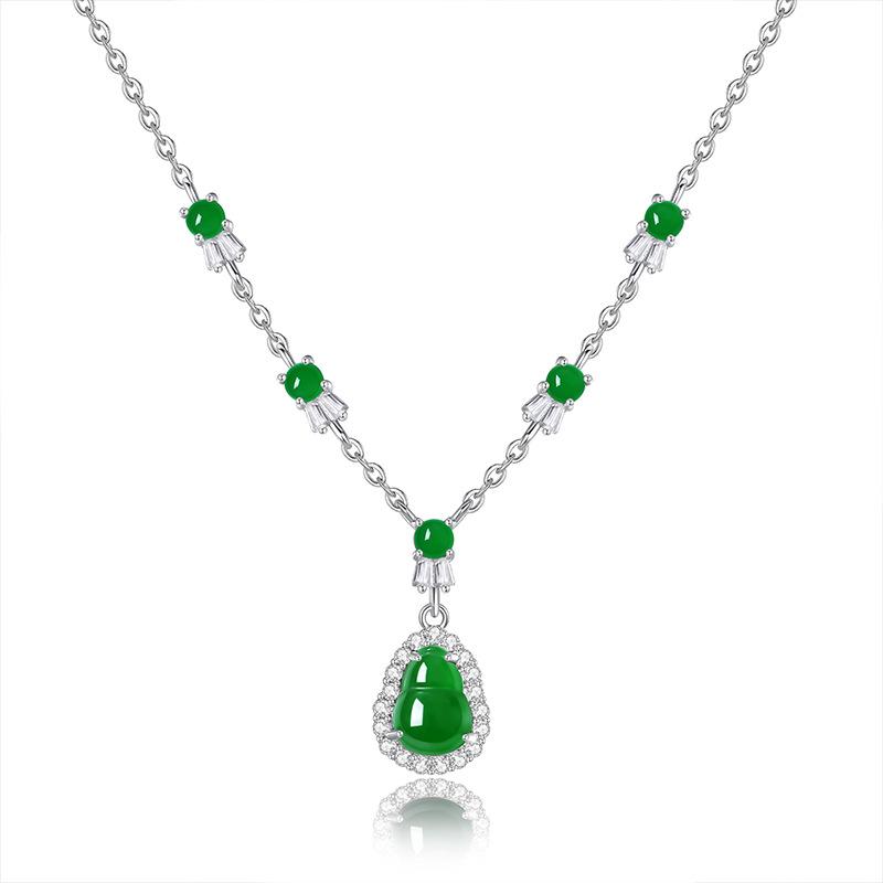 Natural jadeite dangerous material S925 silver inlaid new Chinese Fulu gourd high ice yang green national tide temperament necklace 925 silver