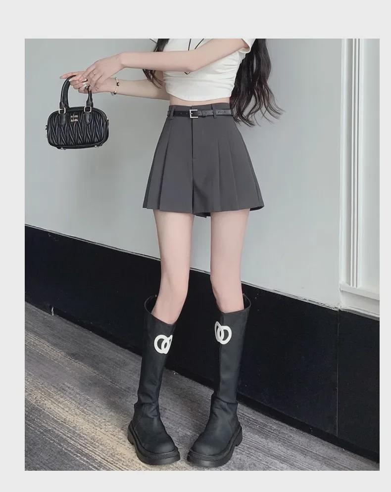 2024 Spring Korean Retro Pleated A-Line Short Skirt with Lining - College Style